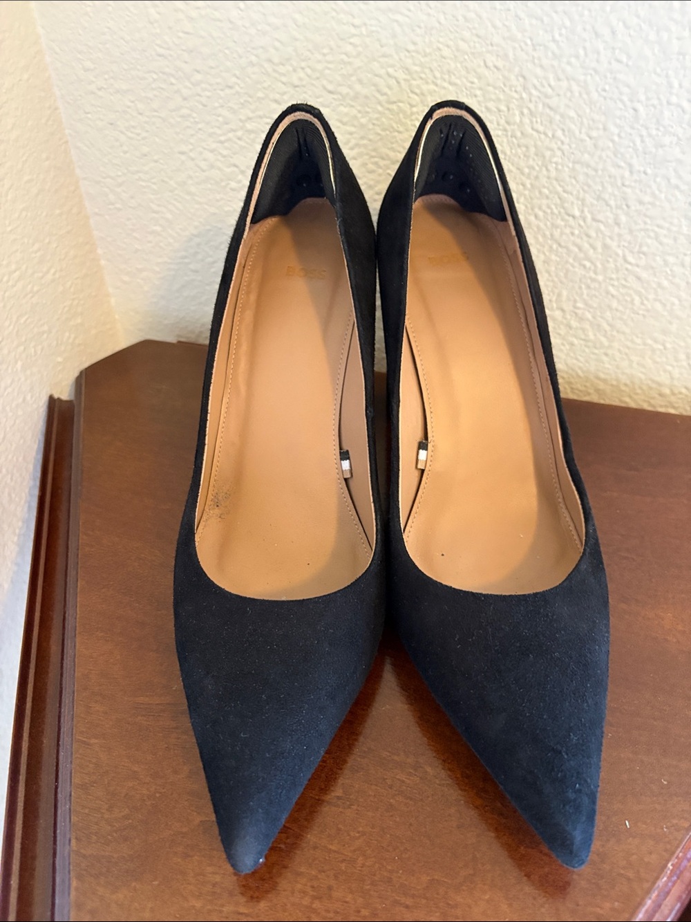BOSS Black Suede Pointed-Toe Block Heels